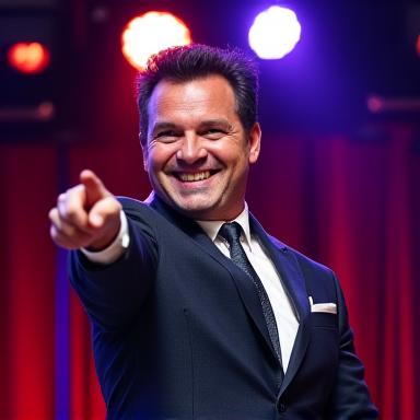 Comedian Bruce Force pointing at the camera with a cheeky grin.