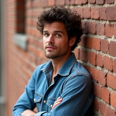 Comedian Mick Dundee Jr. leaning against a brick wall, looking thoughtful.