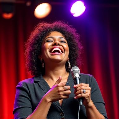 Comedian Sheila Knackered laughing while holding a microphone.