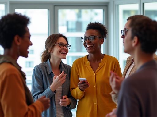 A group of office workers laughing during a team-building exercise.