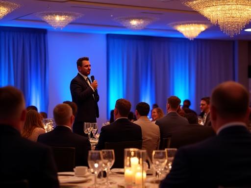 A comedian on stage at a formal corporate dinner.