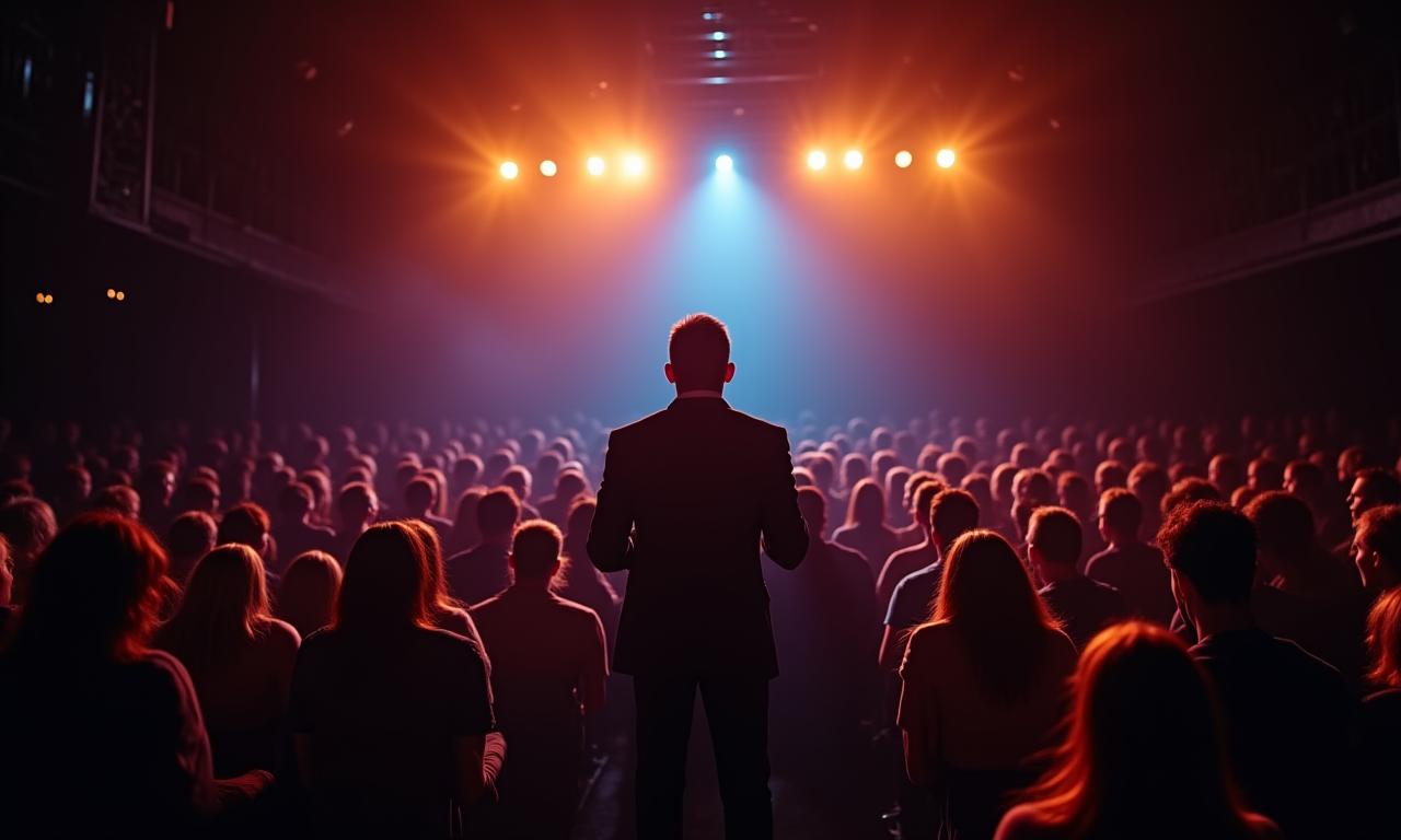 A comedian on stage under a spotlight in front of a large, laughing audience.